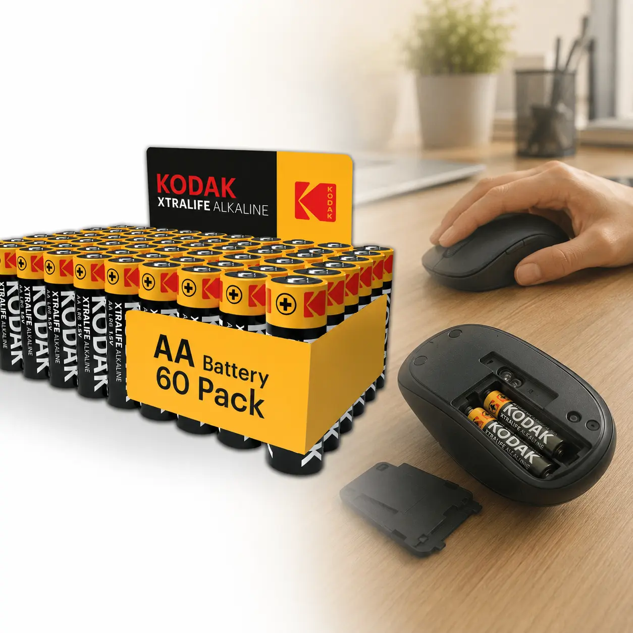 Kodak Xtralife AA Alkaline Batteries,bulk battery pack,long lasting power,10-year shelf life,leak protection,single-use cells,high drain devices,office supplies,LED lanterns,battery candles,wireless keyboard,portable speakers,night lights,battery drawer