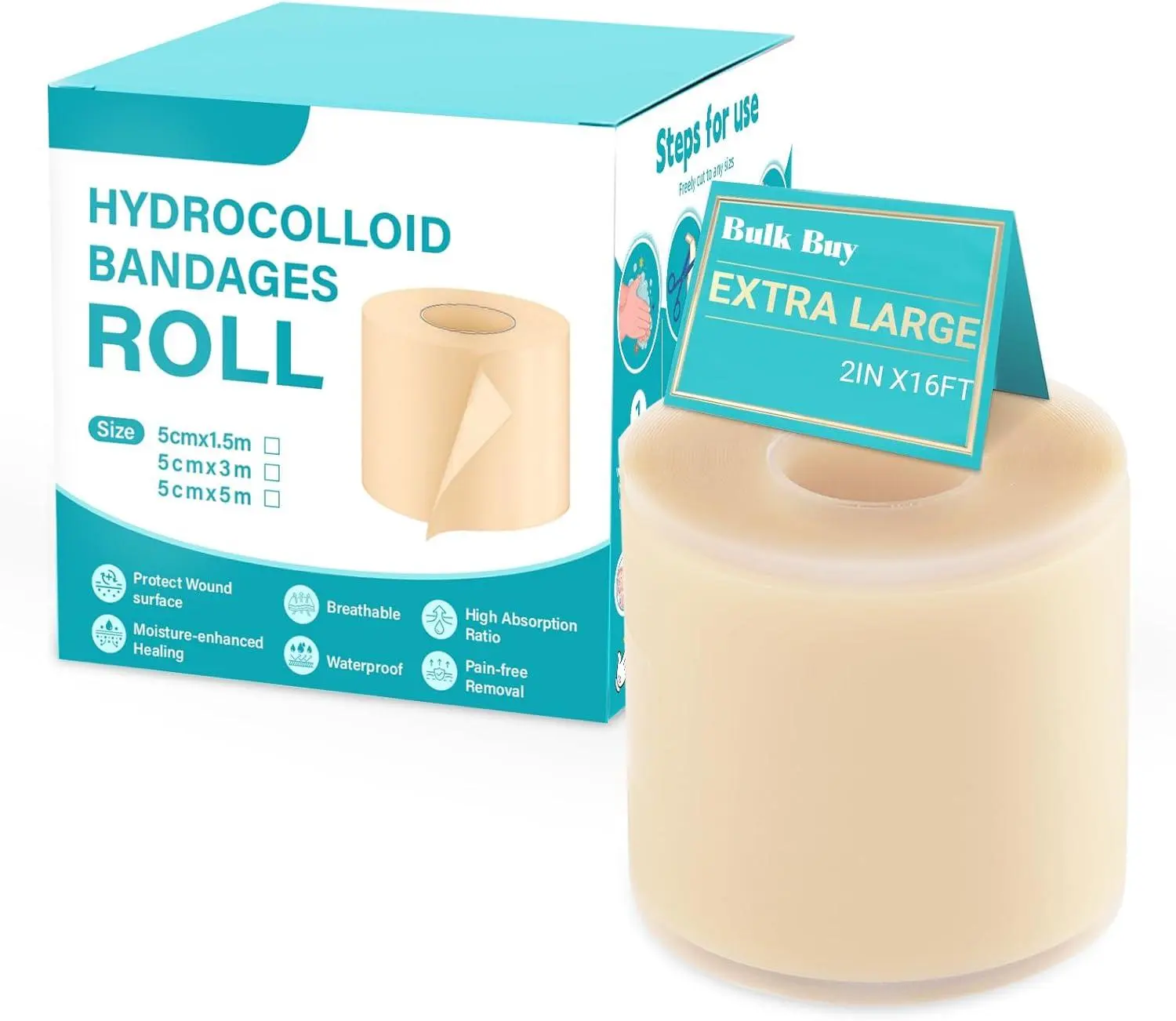 2In*16Ft Large Flexible Hydrocolloid Bandage Roll, Hydrocolloid Patch Large Bandages with Self-Adhesive, Ultra Absorbent, Flexible, Waterproof, DIY Size, First Aid Kit Essential Baojia