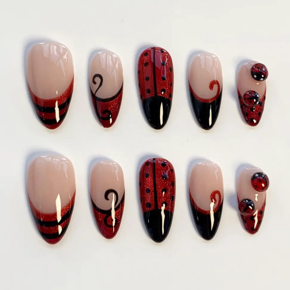 Burgundy ladybug nails/Cute Press on nails long almond nails/Red Cat Eye Nails/French Tips Nails/Custom Nails/Glitter Nails/Holiday Nsils