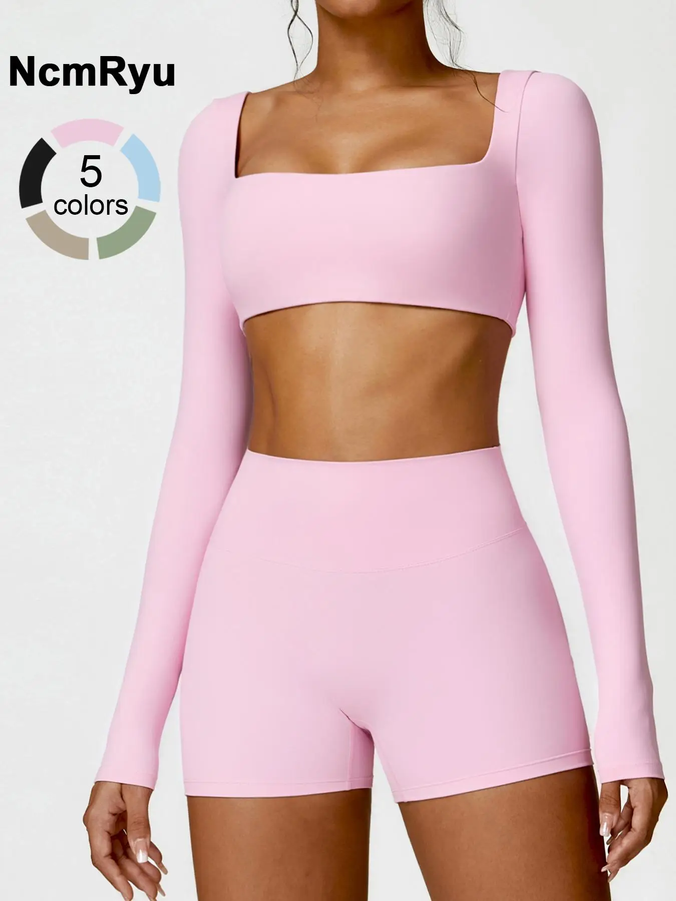 Women's Seamless High Elastic Soft Square Collar Open Waist Long Sleeve High Waist Not Curled Hip Shorts Yoga Clothes suit Outdoor Running Mountain Cl