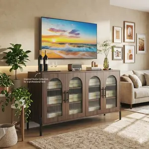 Sideboard Buffet Cabinet with Storage, 55" Modern Sideboard Cabinet with 4 Fluted Glass Doors & Adjustable Shelves, Wood Buffet Console Table for Living Room, Kitchen, Dark Walnut