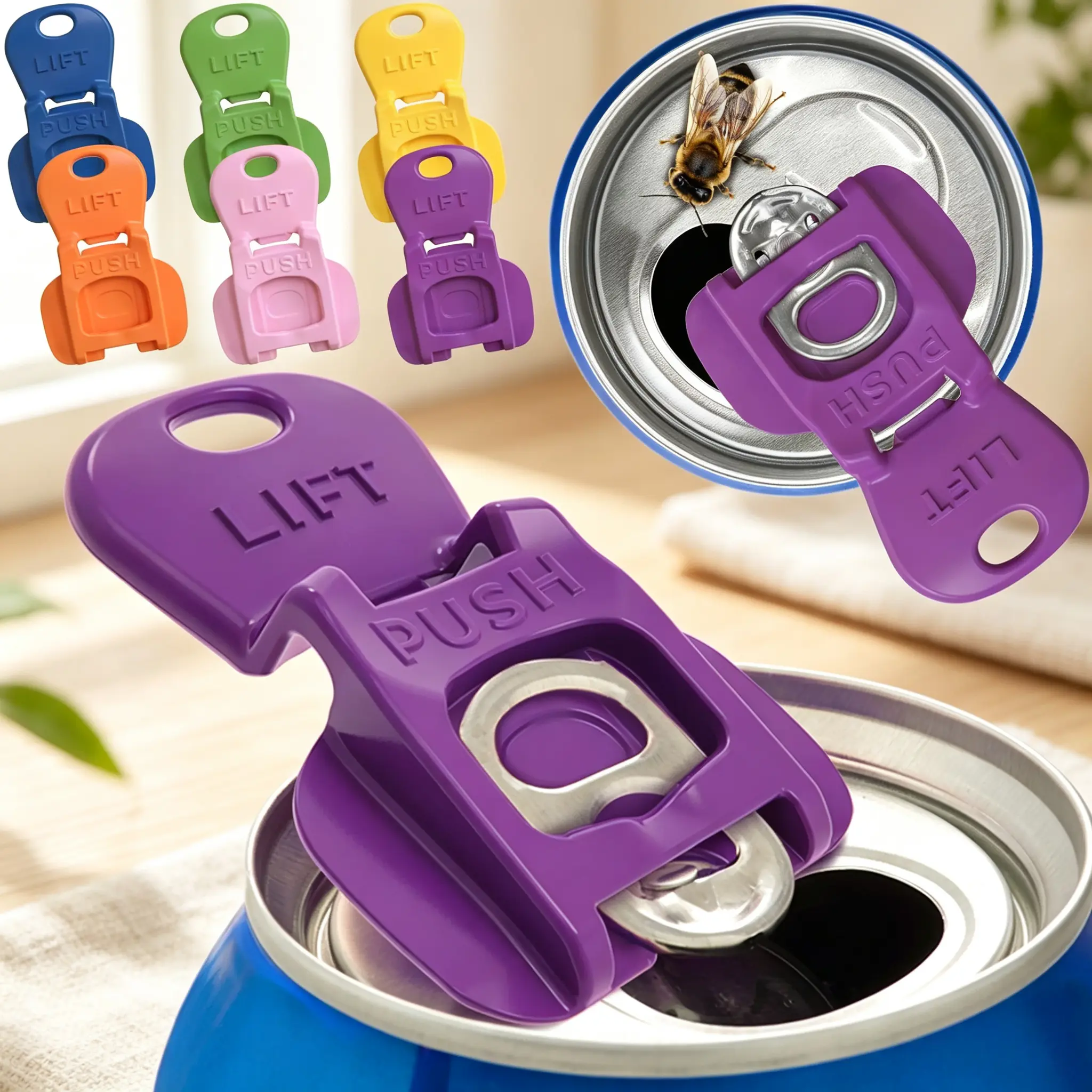 6PC New & Improved Beverage Barricade 2.0 Easy Tab Opener Plastic Cap - Colorful Plastic-Aluminum Drink Can Protector with Easy Openers, Bug Shield, Multi-Size Fits All Cans for Outdoor Parties, Kitchen Use