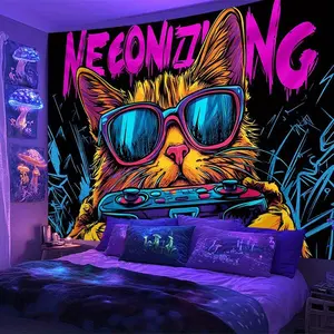 2D Flat, 1pc Neon Cat Gaming Tapestry - Retro 8-Bit Pixel Art Wall Hanging with Neon Glow-in-the-Dark Style Design, Soft Peach Light Fabric, Horizontal Indoor Decor for Bedroom, Living Room, Dorm - No Batteries/Electricity