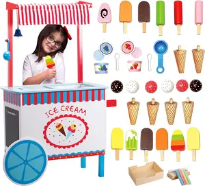 Ice Cream Cart Kids Pretend Play Stand- 33+ Pc Accessories, Realistic Premium Wooden Toy Set, Money Box, Chalkboard & Icecream Truck- Popsicles, Cones & Unique Flavors, Girls Boys Role Play
