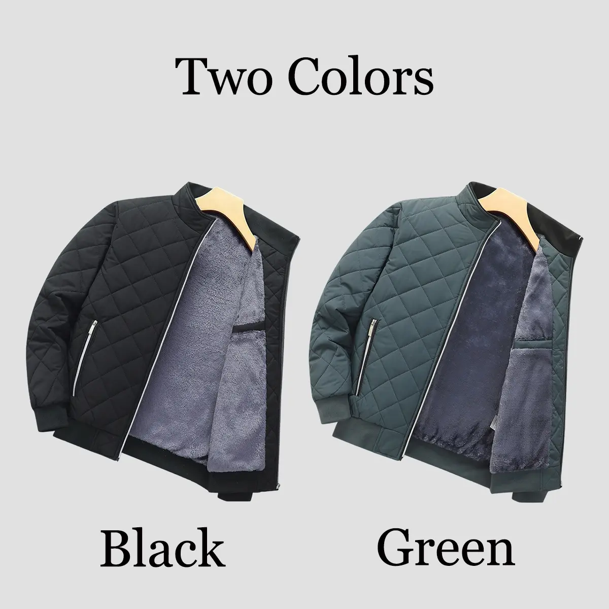 Men’s autumn/winter fleece-lined, thickened jacket with a plush lining and zip stand collar; warm outerwear for going out.