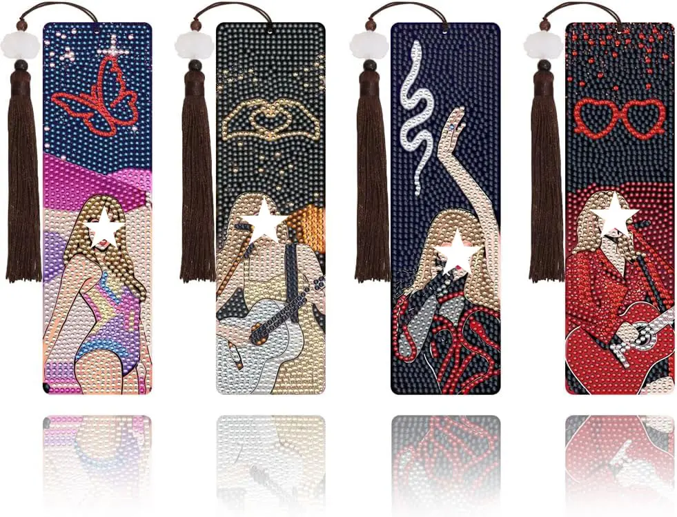 Diamond Art Bookmarks, 4 Pcs Acrylic Bookmarks for Book Lovers, DlY Cartoon Diamond Painting Bookmark Kits for Adults,  Gifts for Women