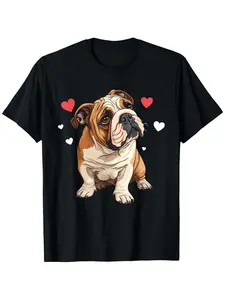 Valentine's Day English Bulldog Heart T-shirt for dog lovers, 100% cotton, available in a variety of sizes, moisture-wicking, minimalist style, for adults, travel outfit, Juneteenth National Independence Day