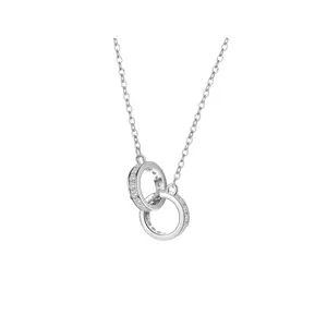 "ONE PROMISE" 14K White Gold Plated 925 Sterling Silver Interlocking Circle Pendant Necklace Minimalist Friendship Relationship Jewelry