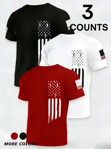 Men's 3-Pack Quick-Dry Short Sleeve T-Shirts, Athletic T Shirt, Flag Print Sportswear, Lightweight Breathable Gym Running Ball Sports Tee, Gym Tops, Options