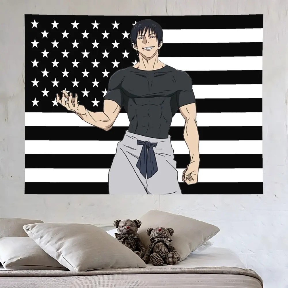 Toji Fushiguro Jujutsu Kaisen Black American Flag Tapestry, Muscular Anime Character Wall Hanging, Aesthetic Room Decor for Bedroom, Living Room, College Dorm & Anime Room