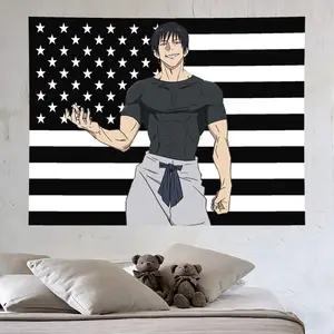 Toji Fushiguro Jujutsu Kaisen Black American Flag Tapestry, Muscular Anime Character Wall Hanging, Aesthetic Room Decor for Bedroom, Living Room, College Dorm & Anime Room