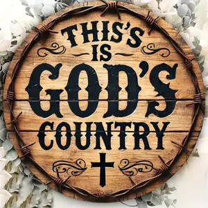 Round Metal Wreath Sign, Vintage Plaque Decor, God's Own Country Decor, Rustic Wall Art for Home Office & Coffee Shop Decoration, Unique Gift Idea
