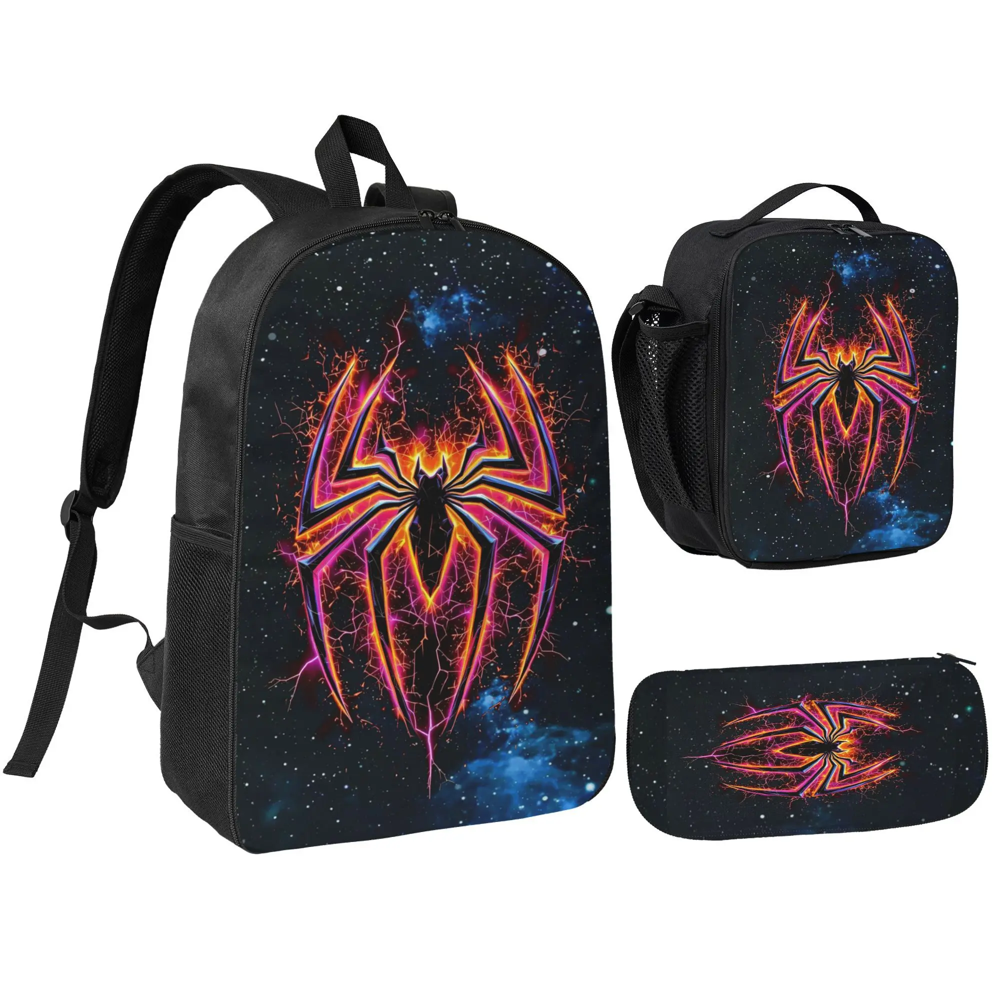 3PCS Neon Spider Backpack Set for Kids – School Backpack with Lunch Bag & Pencil Case, Galaxy Spider Graphic Bookbag for Boys & Girls
