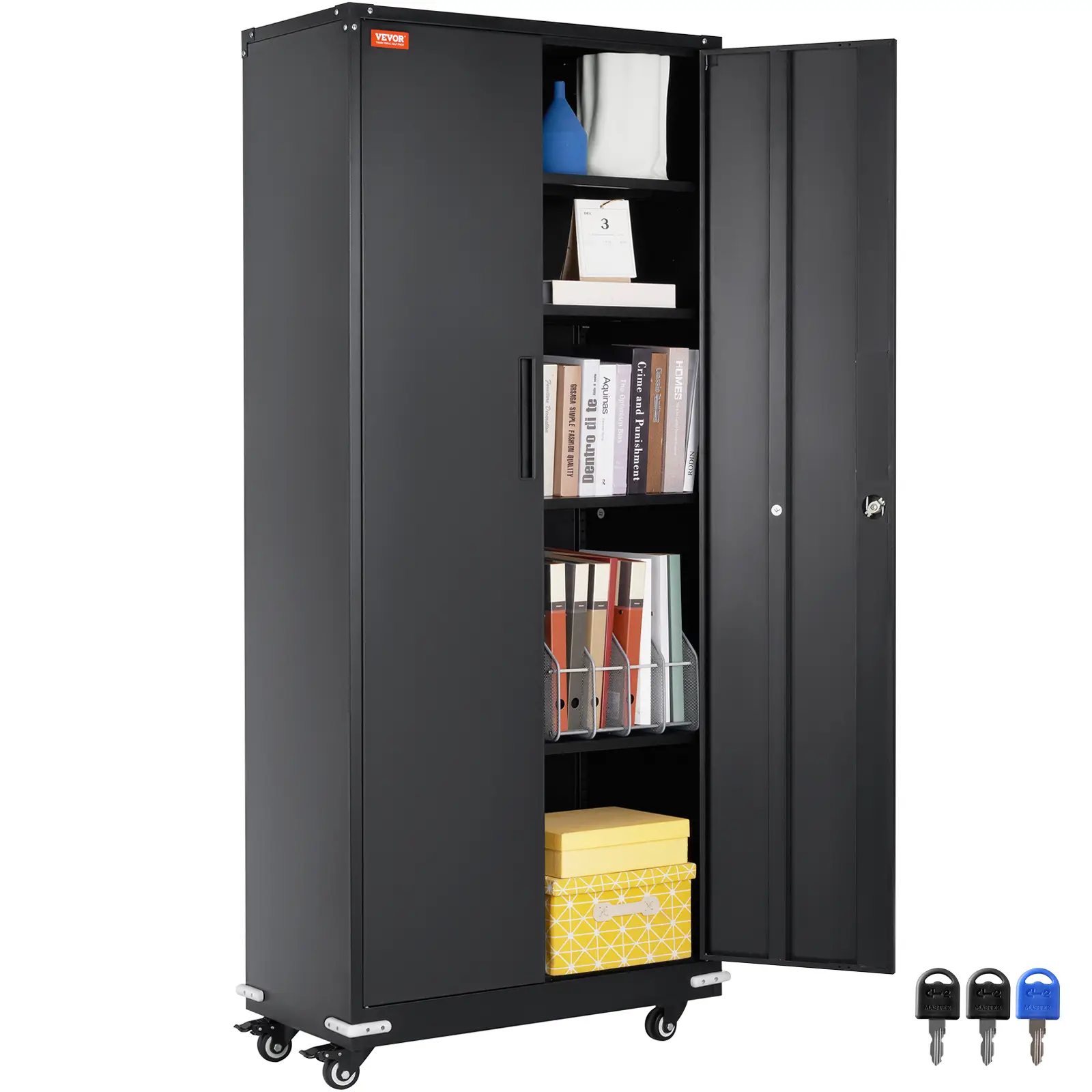VEVOR Metal Storage Cabinet with Wheels, 75 in Locking Cabinet with 4 Adjustable Shelves & 2 Magnetic Doors, 200 lbs Capacity per Shelf, Metal Cabinet