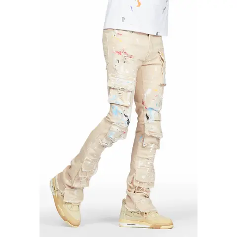 Orien Beige Painter Stacked Flare Jean