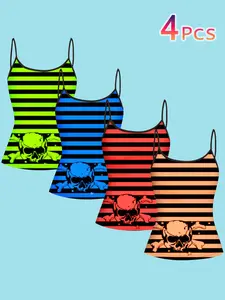 4 Piece Punk Skull Striped Tank Tops, Cool Colorblock Sleeveless Shirts, Casual Slim-Fitting Inner Layer Outerwear, All Seasons