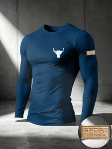 Men's Bull Head Sport Graphic Print Fitted Long Sleeve T-Shirt, Round Neck, Daily Gym Training Top, All Seasons Wear
