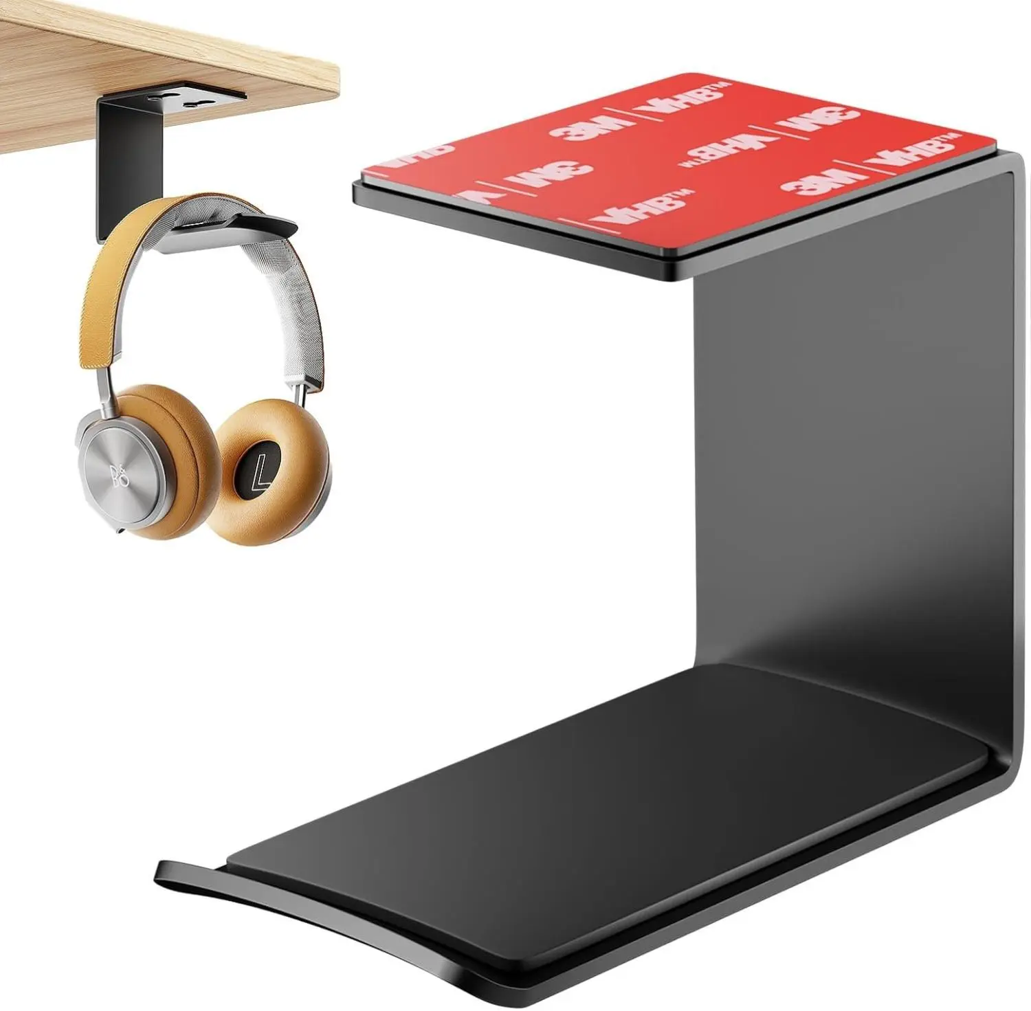 Headphone Stand Hanger,Headset Holder Mount,Aluminum Hook with Strong Adhesive Tape for Headphones (H02-Black-1PCS) Silicone