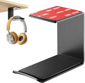 Headphone Stand Hanger,Headset Holder Mount,Aluminum Hook with Strong Adhesive Tape for Headphones (H02-Black-1PCS) Silicone