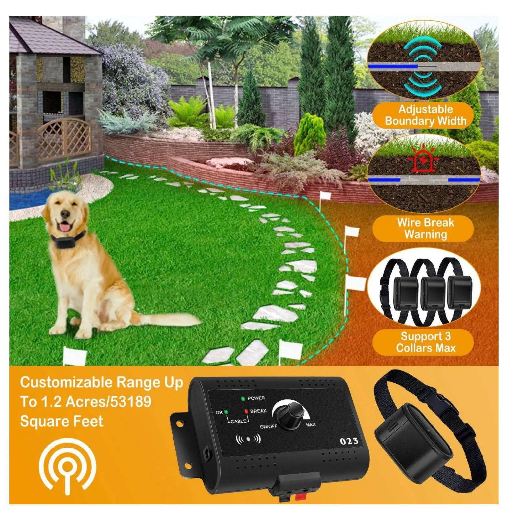 Electric Dog Fence System, Pet Containment Shock Collar Wireless Boundary System for Dogs Up to 1.2 Acres, Adjustable Levels, Waterproof Receiver for Small Medium Large Dogs - 2 Collars AS PIC