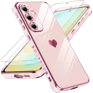 X-PCS11  for Galaxy S24-FE Case: Tempered Glass Screen Protector 2 Pcs,Full Camera Lens Protection, Love Heart Plating Luxury Shockproof Phone Case Funda para Samsung S24FE 5G, Pink