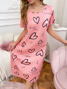 Fashion Heart and Letter Print Sleepwear, Dress, Womenswear, Comfortable and Stylish Everyday Homeewear, Loungewear, Suitable for Work and Casual Wear, Spring & Fall Season, Seasonal Wear