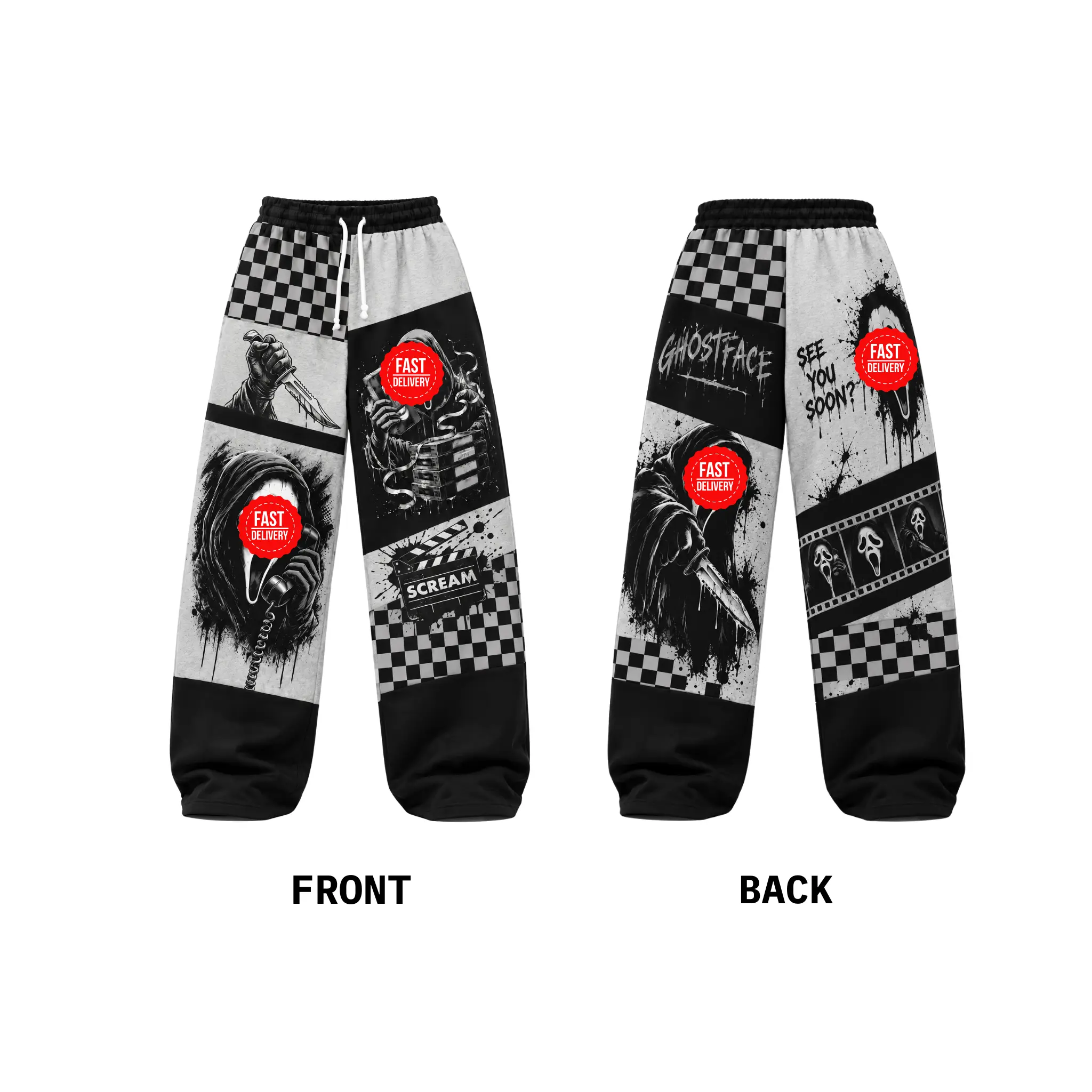 Horror Movie Loose Sweatpants, Black White Checkerboard Graphic Wide Leg Pants, Spooky Mask Print Casual Lounge Trousers, Unisex Gift
