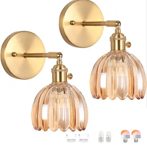 2 pieces of retro glass wall lamps with RGB rechargeable light bulbs. Amber/clear glass wall lamps are suitable for indoor living rooms, ambient lighting, entrance bedrooms, bedside scenes, and wall lamps, Adjustable RGB Lighting