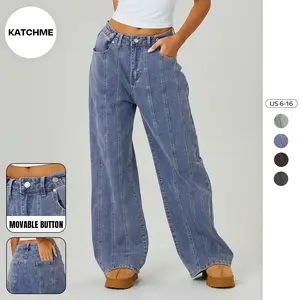 KatchMe Women's Street Mid-Rise Adjustable Button Lines Modify Wide Leg Jeans, Leisure Baggy Jeans Outfits, Versatile Women's Bottom, Classy Streetwear