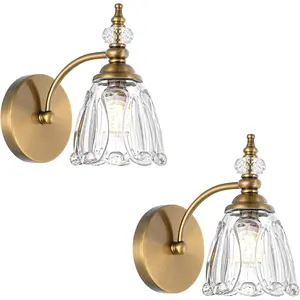 Brushed Antigue Brass Wall Sconces Set of Two, Hardwired Bathroom Vanity Light Fixtures, Vintage Sconces Wall Deco Set of 2, Glass Wall Lights for Bathroom, Bedroom,Hallway (Excludes G9 Bulb)