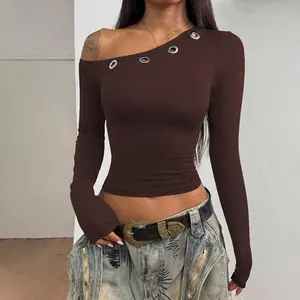 One-Shoulder Eyelet Neck Long Sleeve Crop T-Shirt for Women's 2025 Fall & Winter New Solid Color Slim Fit Elegant Versatile Stylish Vibe Casual Outfit Sexy Dates Party Tops