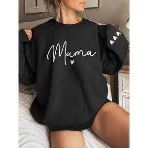 Women’s cartoon “Mama” letter and heart print pullover sweatshirt, casual long-sleeve crewneck pullover for fall and winter, women’s clothing for everyday wear