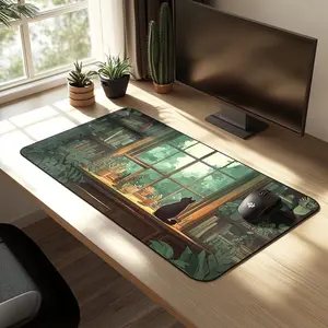 [Sale Up To 40%] Lofi Cat Study Desk Mat, Black Cat Anime Aesthetic Deskmat, Giant Mousepad, Desk Pad for Home Office
