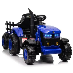 【Christmas Gift】Blue 12V Kids Electric Ride On Tractor With Detachable Trailer Dual 35W Motors Led Lights Usb Music Remote Control Blue