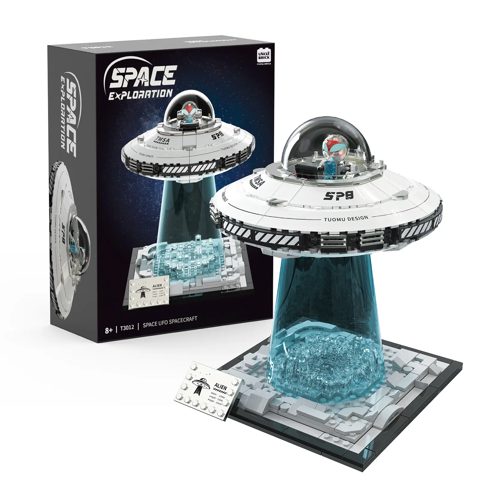 Space Exploration UFO Flying Saucer Building Blocks with LED Light Beam Base, Alien Astronaut Mini Figure Collectible Model, Perfect Birthday Christmas Gift for Boys Teens Adult Hobbyists