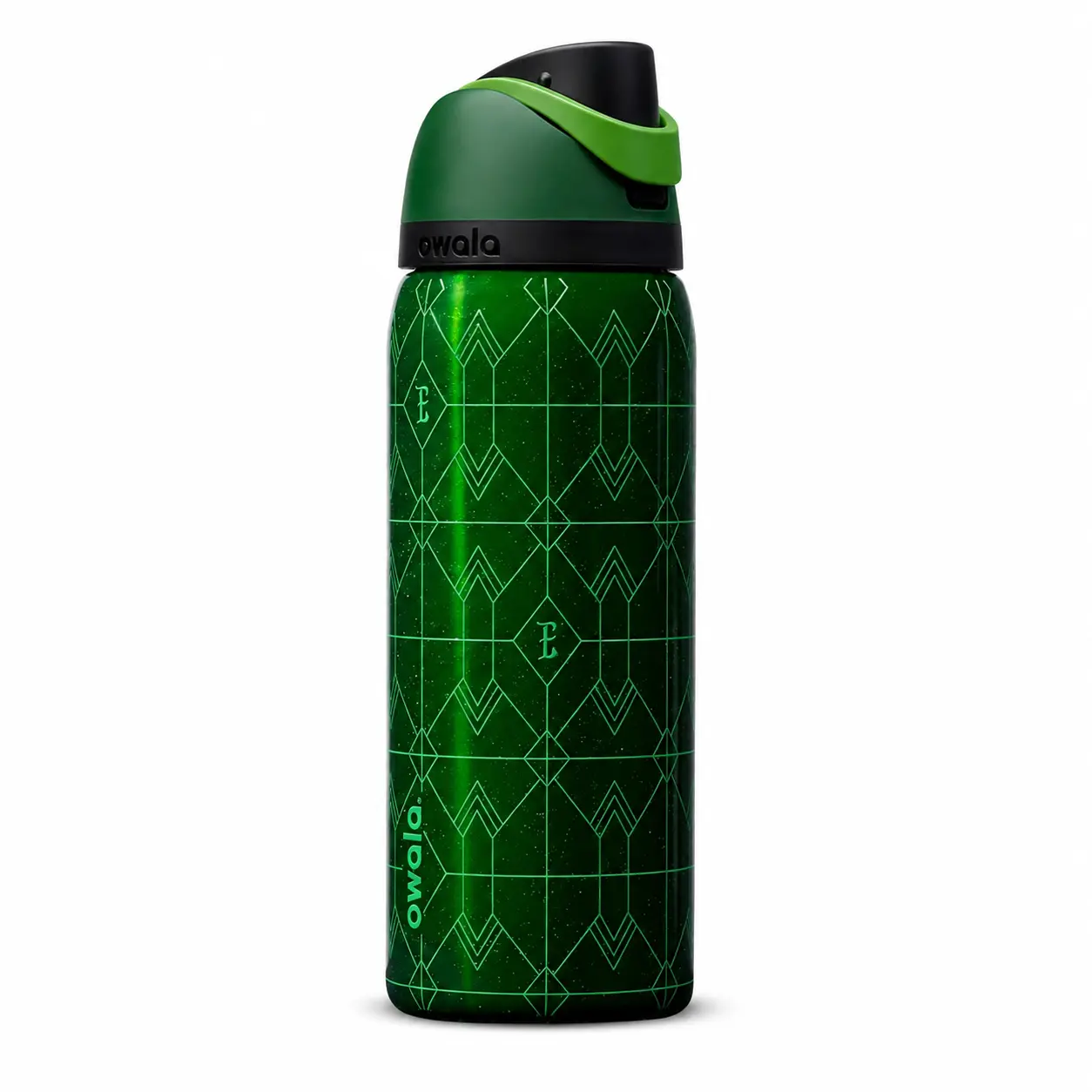 Owala FreeSip 32oz Emerald Green Geometric Insulated Stainless Steel Water Bottle with Straw, Dark Green Sparkle Leak Resistant Reusable Bottle for Gym School Work Travel and Daily Hydration