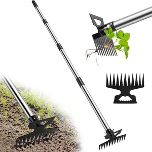 Weed Puller Tool with Long Handle, 2 in 1 Manual Weed Rake and Garden Hoe, 11 Tooth Weed Remover, Uprooting Tool for Yard, Lawn, Patio, Garden