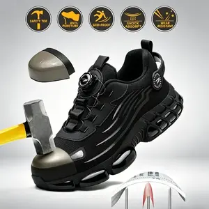 Unisex Anti-Smash Safety Shoes, Steel Toe Caps, Anti-Slip, Breathable,Industrial Construction Sports Rotatory Lace-Free Casual Hiking Shoes Black Gray