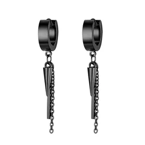 OIDEA Stainless Steel Studded Bar Chain Huggie Earrings with Long Drop Look for Unisex Hip Hop Outfits