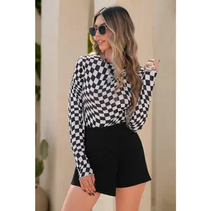 LDC Checkered Pattern Mesh Mock Neck Long Sleeve Top