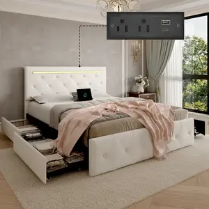 Full Size Bed Frame with LED Light and Storage Drawers, PU Upholstered Bed Frame with Adjustable Headboard, Diamond Crystal Button, Charging Station, Metal Frame, No Box Spring Needed, White