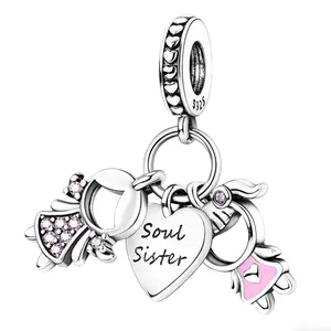 Soul Sister Angel Dangle Charm 925 Sterling Silver, Pink and Enamel Accents, Twin Angel & "Soul Sister" Engraved Heart Design Suitable for Bracelets, Necklaces, Jewelry Gift for Women, Friendship Jewelry & Best Friend Gifts Silver