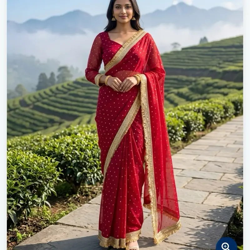 Women's Maharani Costume Set - Clothes with Golden Border Saree, Full-Sleeve Blouse, Soft & Comfortable for Party Wear