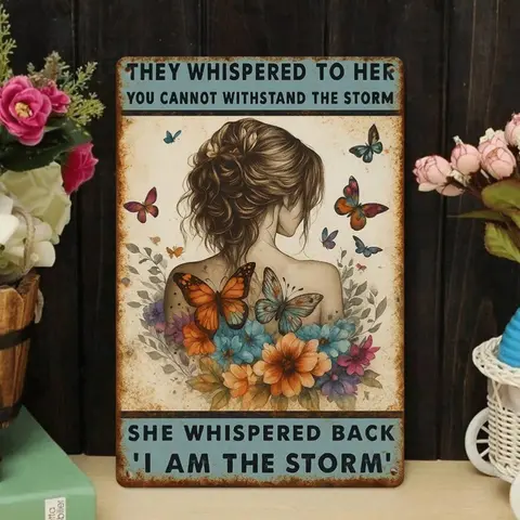 2D Flat Printing Metal Decorative Sign, Retro Healing Inspirational Text Wall Hanging Ornament, Design with Girls, Butterflies, And Flowers, Representing Self-Transformation Amidst Hardship