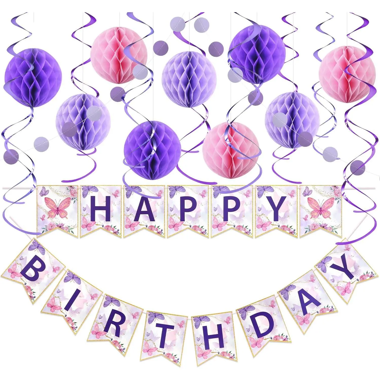 19-Piece Set Butterfly Birthday Decorations Kit  with Pre-Strung Happy Birthday Banner, Honeycomb Balls, Garland & Swirls |   Butterfly Theme Party Supplies for Women Girls Kids, Teens Adults