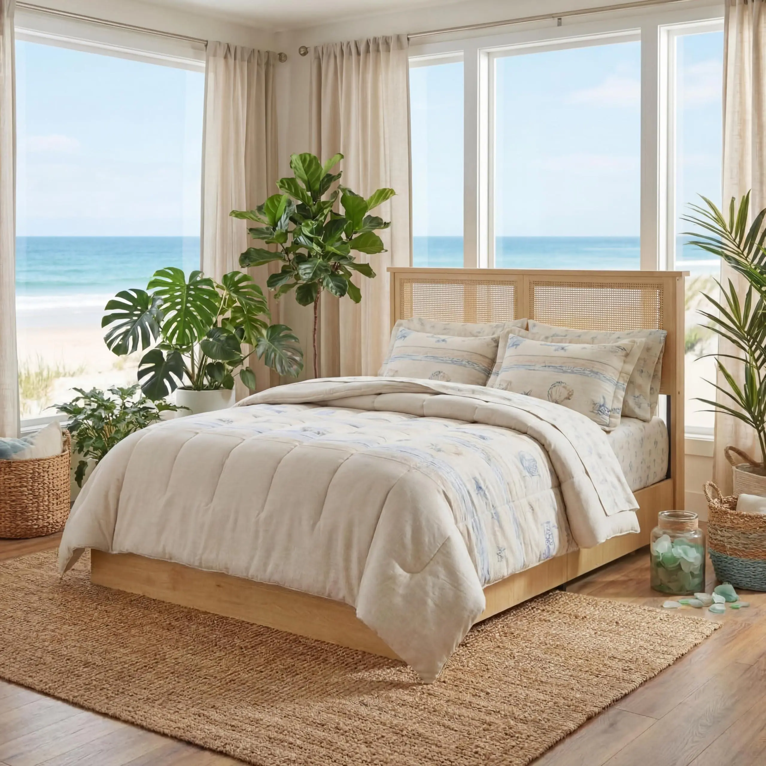 Garvee Rattan Bed Frame Queen with 4 Drawers, Rustic-Chic​ Bed Frame Queen Size with Natural Rattan Headboard, Queen Bed with Led Lights, Wooden Support Legs, Noise-Free, No Box Spring Needed