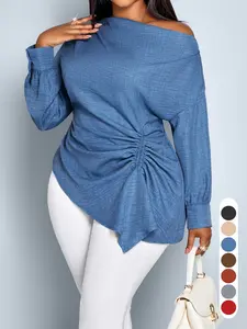 Women's Casual Fall Shirt, Plain Long Sleeve Asymmetrical Hem Top, Fitted Woven Fabric, Ideal for Daily Wear & Commuting