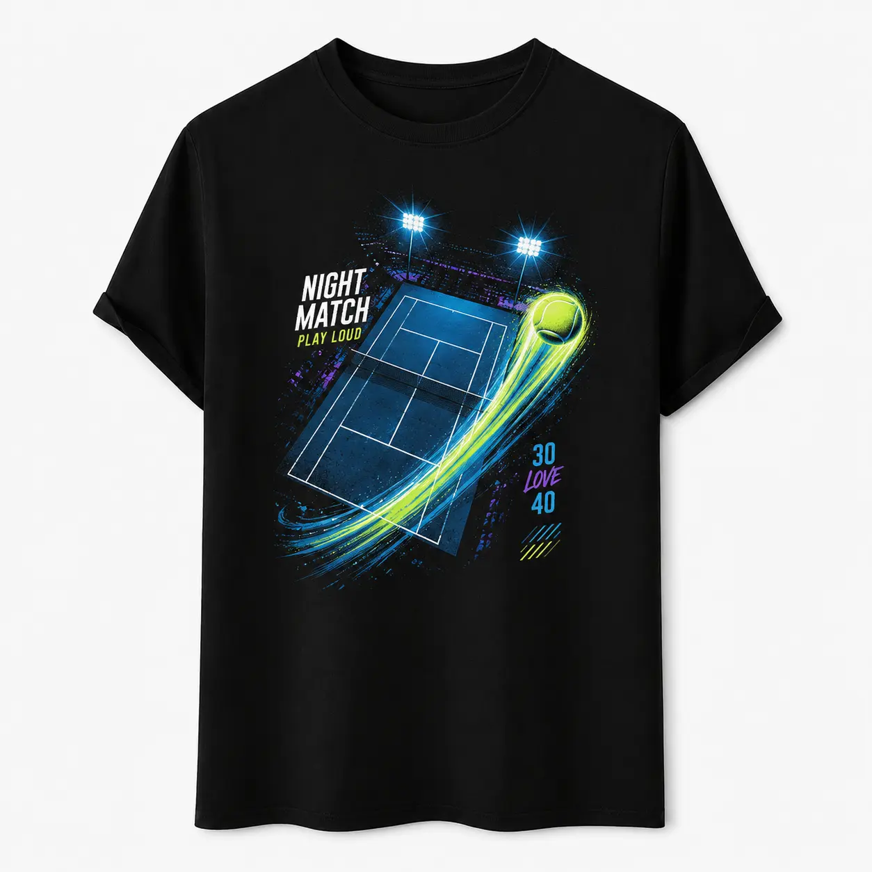 Night Match Tennis Graphic T-Shirt for Women and Men, Unisex Court and Ball Short Sleeve Crew Neck Tee, Game Day Sports Outfit