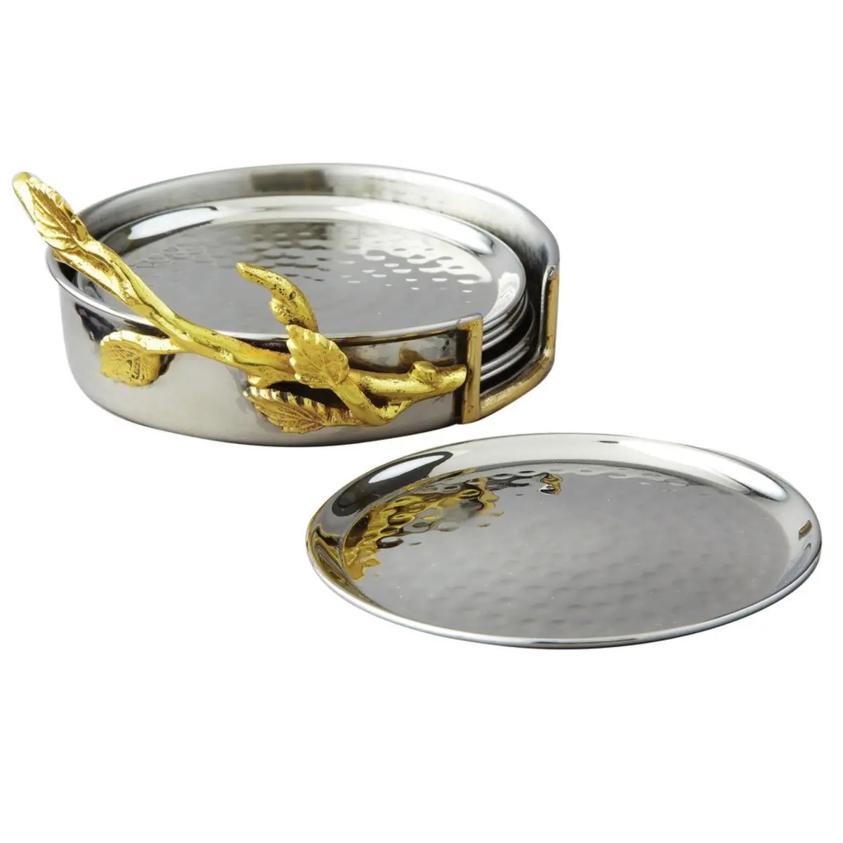 212 MAIN Hammered Stainless Steel Tableware Coaster Set - 7-Piece Round, 4 in. Dia. with Hammered Detail