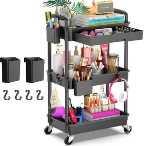 3 Tier Rolling Utility Cart Organizer with Removable Drawer, Stable and Sturdy Black Rolling Storage Carts with 2 Lockable Wheels for Bathroom, Kitchen, Snack, Craft, Makeup